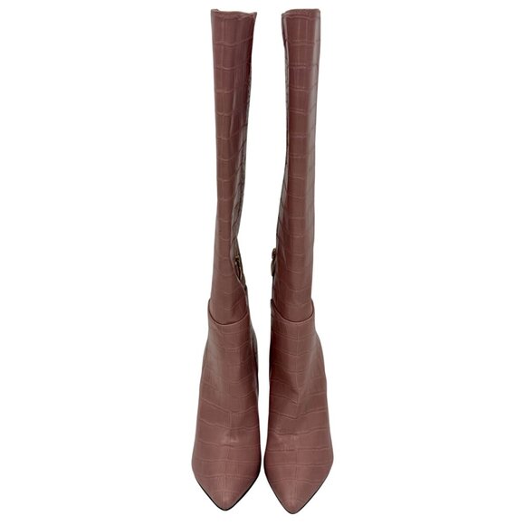 Guess Pink Vegan Croc Pointed Toe Knee High Stiletto Boots | Sexy Baddie Barbie - Picture 14 of 16